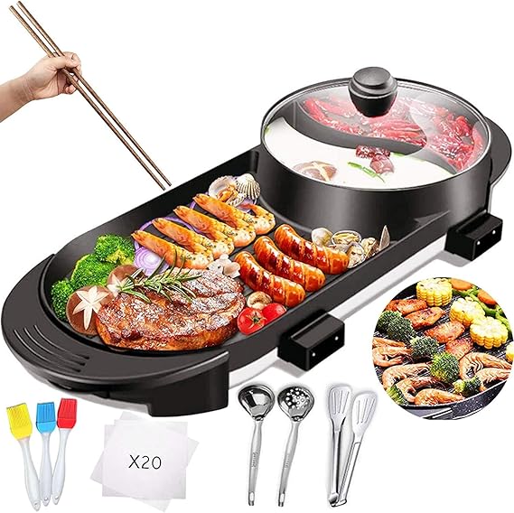 Electric Grill with Hot Pot 2 in 1 Indoor Korean BBQ Grill and Shabu