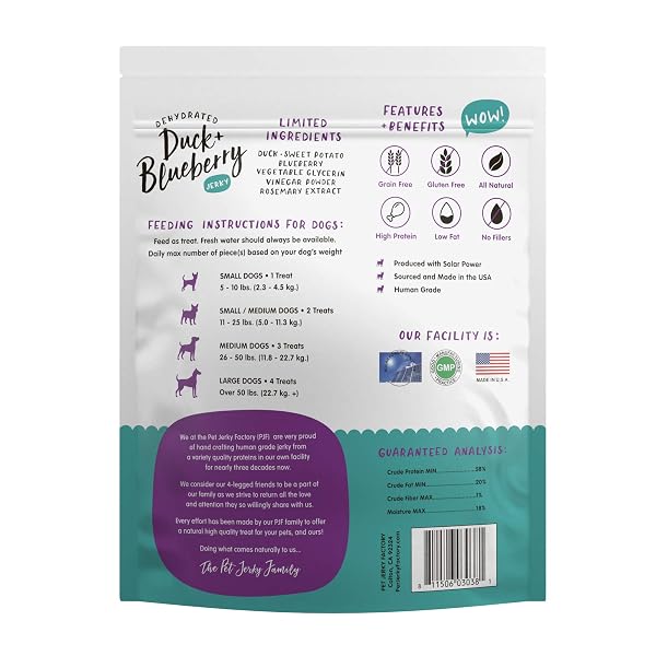 PET JERKY FACTORY PREMIUM DUCK AND BLUEBERRY 12 OZ. DOG JERKY TREATS | 100% HUMAN GRADE | USA MADE | HIGH PROTEIN | GRAIN FREE | LIMITED INGREDIENTS | NO FILLER | BHA-BHT FREE | SOFT-TENDER
