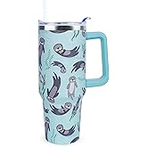 Xchearser 40 oz Cute Sea Otter Tumbler with Handle and Straw, Stainless Steel Insulated Cup with Lid and Straw, Travel Mug Water Bottle, Gifts for Women