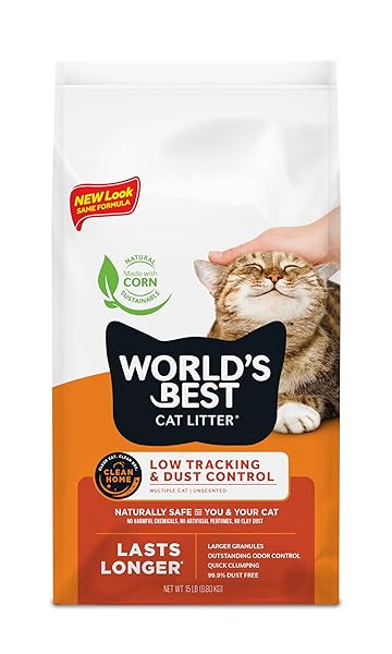 WORLD’S BEST CAT LITTER LOW TRACKING & DUST CONTROL MULTIPLE CAT UNSCENTED 15-POUNDS – NATURAL INGREDIENTS, QUICK CLUMPING, FLUSHABLE & MADE IN USA – LONG-LASTING ODOR CONTROL & EASY SCOOPING