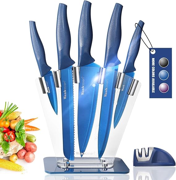 Wanbasion Blue 7 piece Kitchen Knife Sets Dishwasher Safe, Knife Block Stainless Steel with
