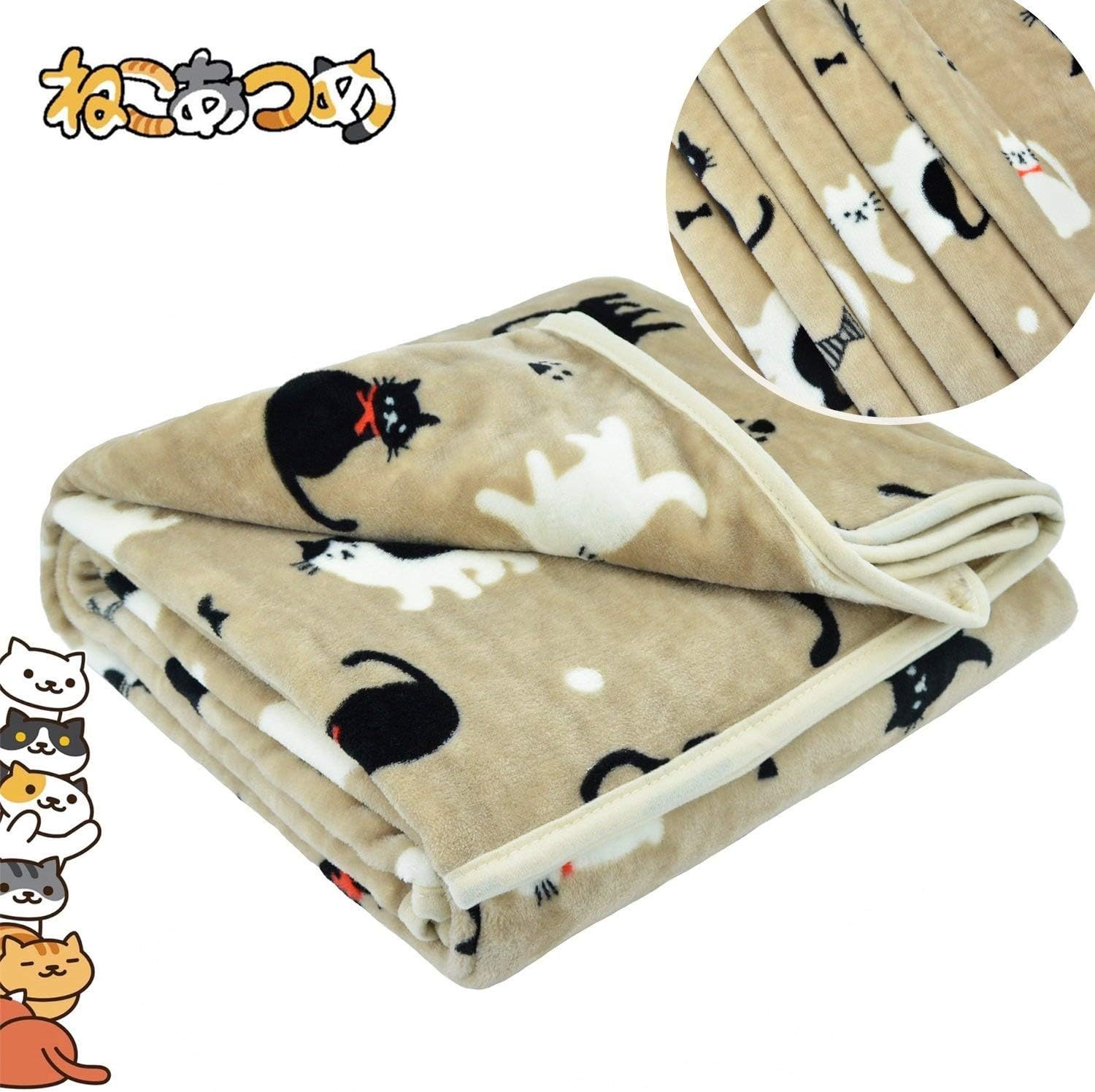 Sunny Bear Cat Print Soft Throw Blanket, Black & White Cats Pattern 79" x 79"(XL)