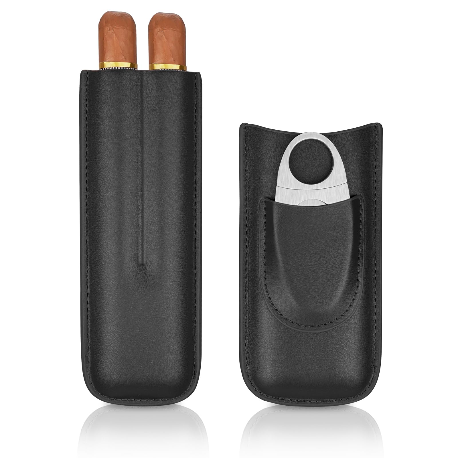cgaplus 2-Finger Leather Cigar Case with Cutter Leather Lined Cigar Humidor Portable Travel Cigar Case Black