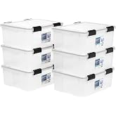 IRIS USA 6-Pack 31 Qt Storage Bins with Gasket Lids, Clear/Black | WeatherPro seal protects everyday essentials in closets, offices and laundry rooms