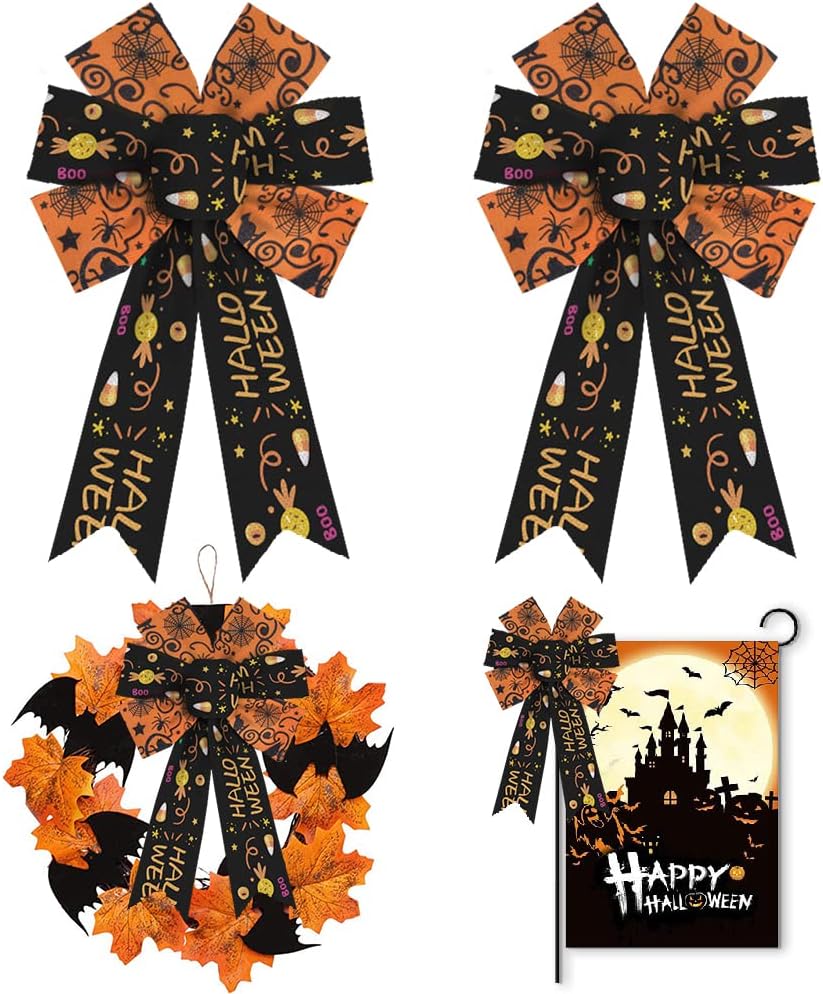 Bows & Ribbons - Hying 2 Pieces Halloween Bows for Wreath, Halloween Witch Spider Wreath Bows Black Orange Burlap Bows Halloween Words Candy Bows Holiday Decorative Bows for Front Door Halloween Party Decorations