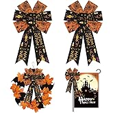Hying 2 Pieces Halloween Bows for Wreath, Halloween Witch Spider Wreath Bows Black Orange Burlap Bows Halloween Words Candy Bows Holiday Decorative Bows for Front Door Halloween Party Decorations
