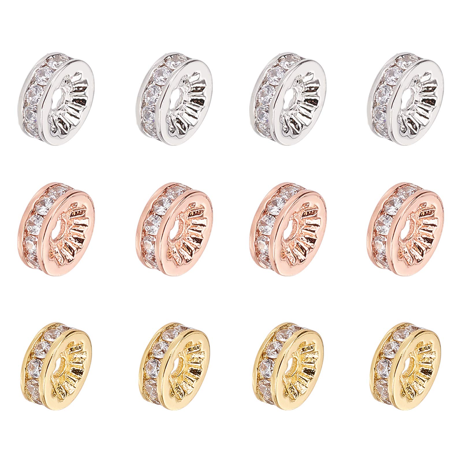 NBEADS 12 Pcs 3 Colors Brass Cubic Zirconia Spacer Beads Flat Round Micro Pave CZ Beads Rondelle Rhinestone Beads for Jewelry Making
