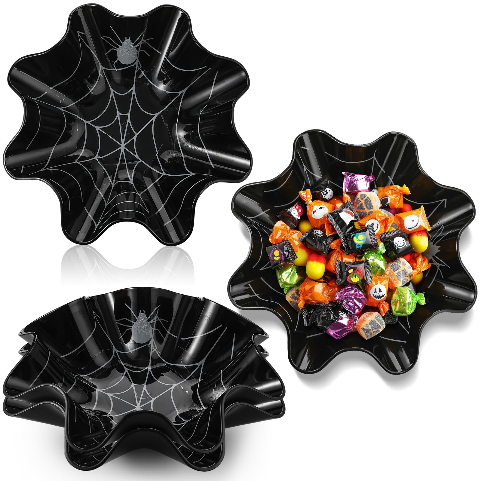 Photo 1 of Tioncy 4 Pcs Halloween Spider Web Plastic Bowls 8 Inch Black Spider Web Reusable Snack Dishes Serving Tray for Scary Party Candy Treats Fruits Dish Serving Tableware Haunted House Supplies