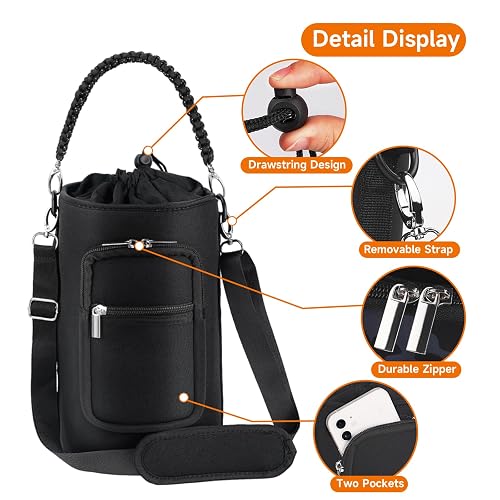 Insulated Water Bottle Sleeve With Strap - 32oz/40oz Neoprene Carrier Bag, Phone Pocket, Paracord Handle