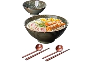 8 Inch 40oz Large Japanese Ramen Bowl Set of 2,Material Safety Ceramic Ramen Bowls with Matching Chopsticks and Spoons, Pho B