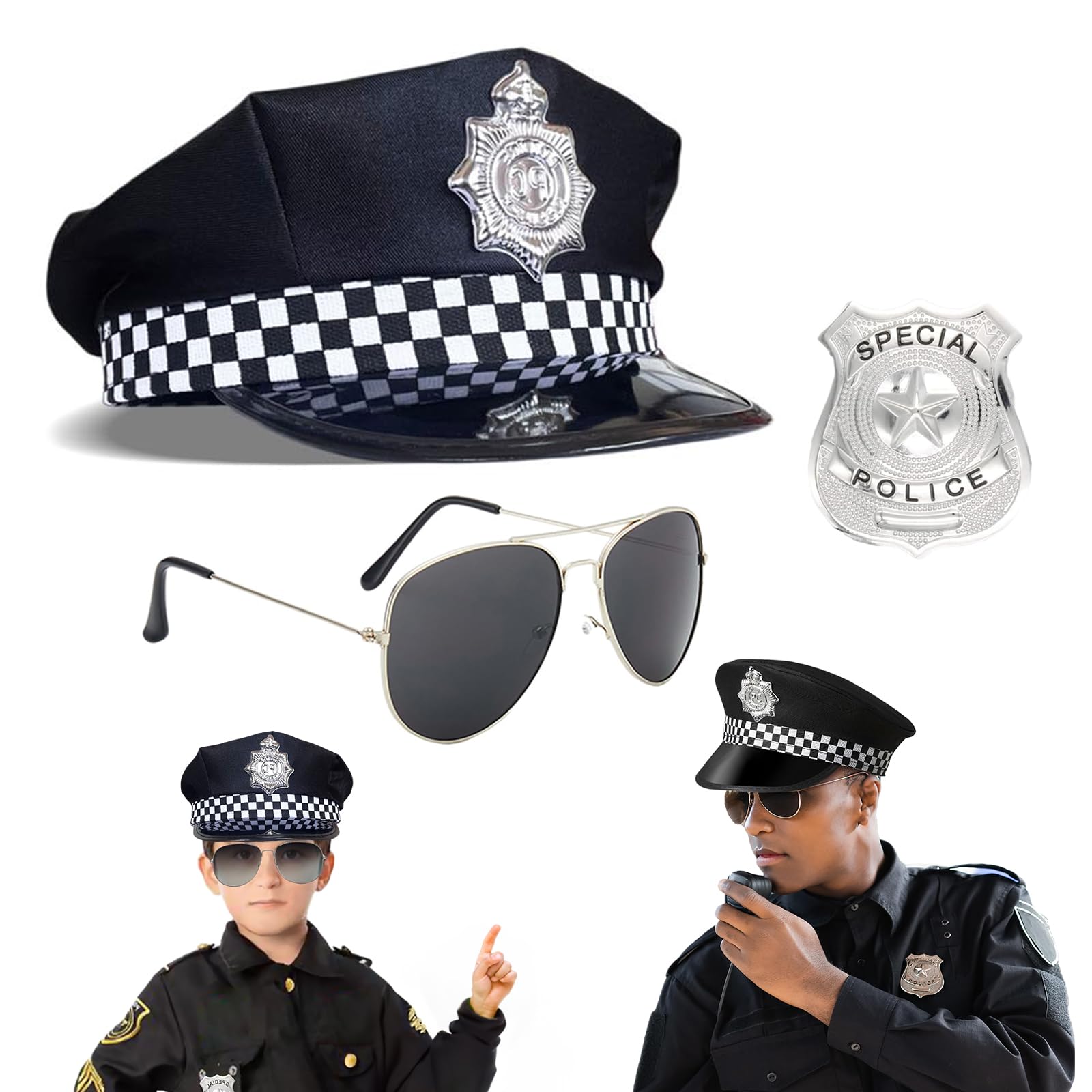 Police Hat - 3 Pieces Police Costume for Adults Kids Men Women, Police Pretend Play Accessories with Police Hat, Police Badge and Sunglasses, Cosplay Dress up Halloween Theme Party Role Play