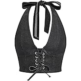 MakeMeChic Women's Denim Corset Top Jean Halter Crop Top Lace Up Y2K Vest Top