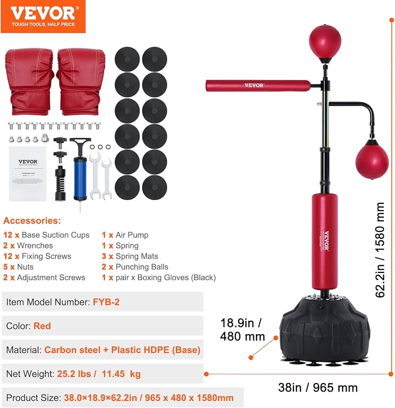 Saco de Boxeo Con Soporte Ajustable 965 x 480 x 1580 mm Para Adolescentes y Adultos - Independiente Con Guantes Para Entrenamiento, Rojo