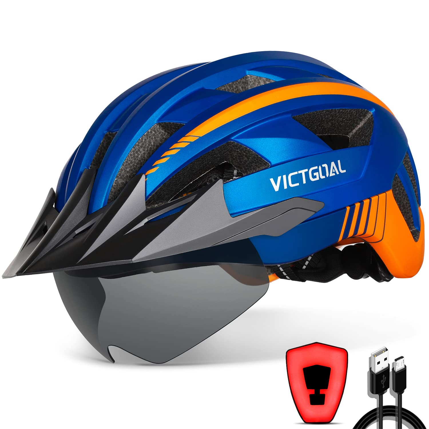 Photo 1 of VICTGOAL Bike Helmet with USB Rechargeable Rear Light Detachable Magnetic Goggles Removable Sun Visor Mountain & Road Bicycle Helmets for Men Women Adult Cycling Helmets (M: 54-58 cm, Blue)
