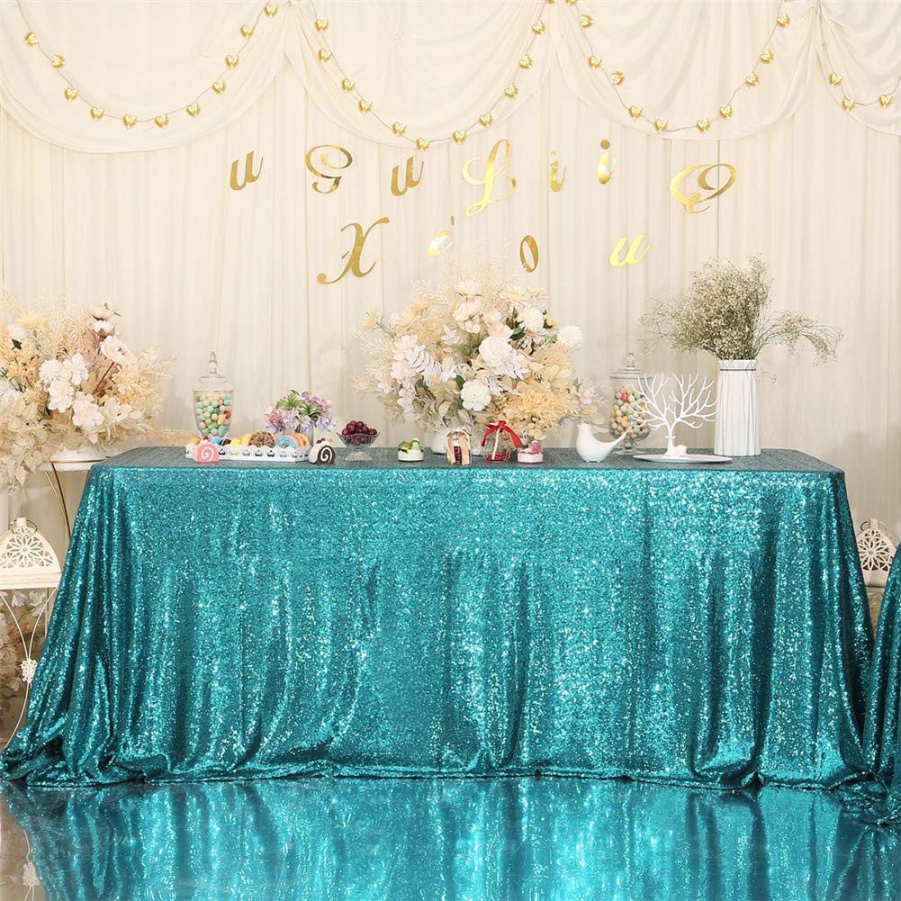 Eternal Beauty Teal Tablecloth, 60x102 Inch Sequin Rectangle Table Cover for Cake Dessert Exhibition Party Birthday Events