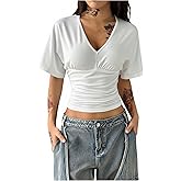 Verdusa Women's Ruched Cinched Waist Tops Short Sleeve Shirts Ruched Basic Tees
