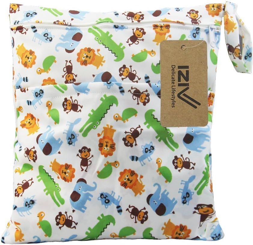 iZiv Baby Waterproof Reusable Wet and Dry Baby Diaper Bag Organizer Pouch Double Zipper Printing Diaper Bag (Animal)