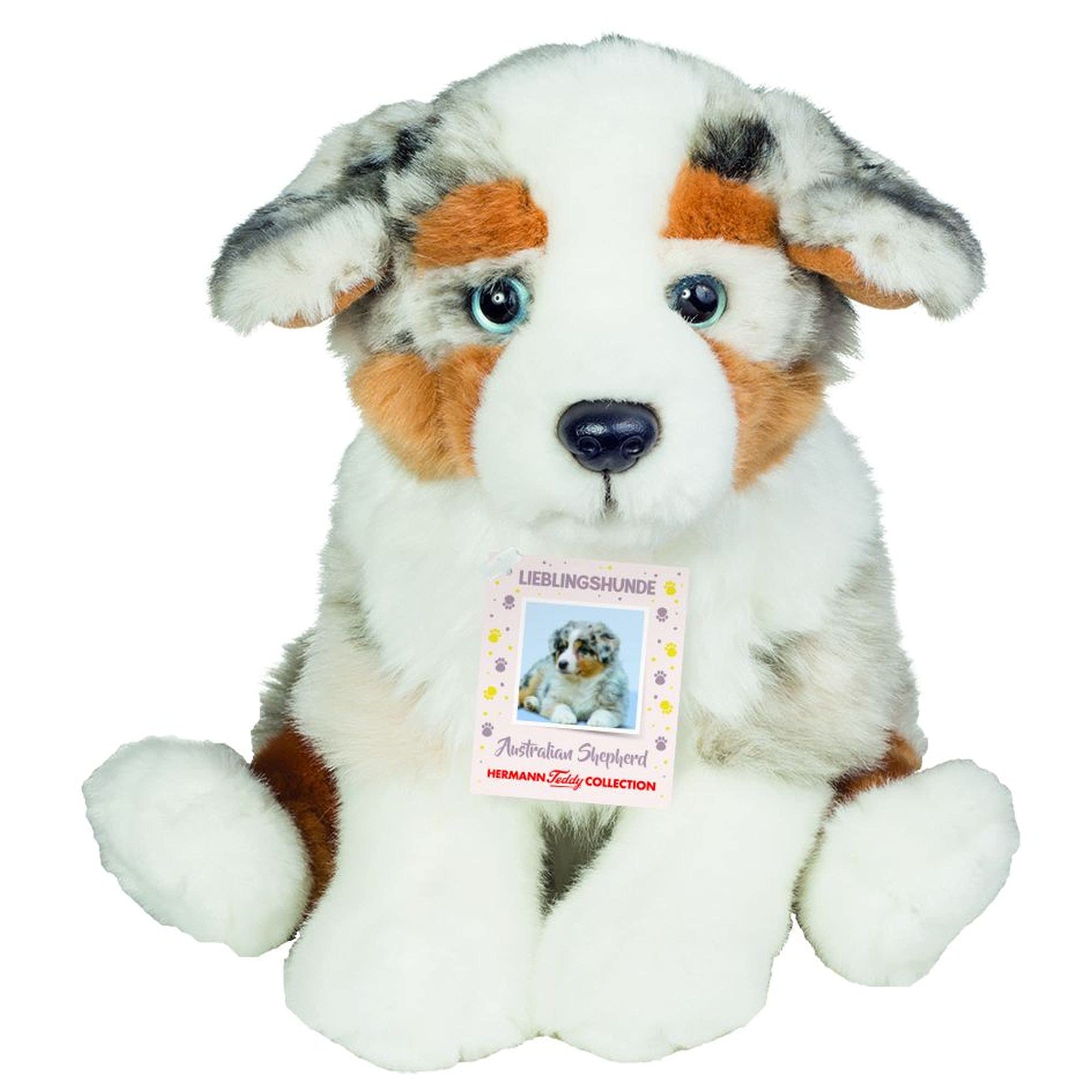 Teddy Hermann 91935 Dog Australian Shepherd puppy 22 cm, cuddly toy, cuddly toy with 75% recycled filling material