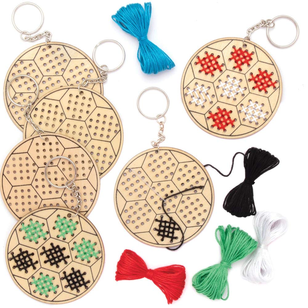 Baker Ross AT797 Football Wooden Cross Stitch Keyring Kits - Pack of 5, Introduction to Sewing, Wooden Templates with Bright Coloured Wool for Craft Key Chains, Blue,Green,White