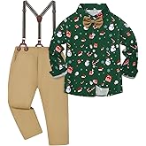 DISAUR Boys Christmas Outfit 3 Piece Dress Shirt with Bowtie and Suspender Pants Formal Wedding Ring Bearer Clothes 4-12Y