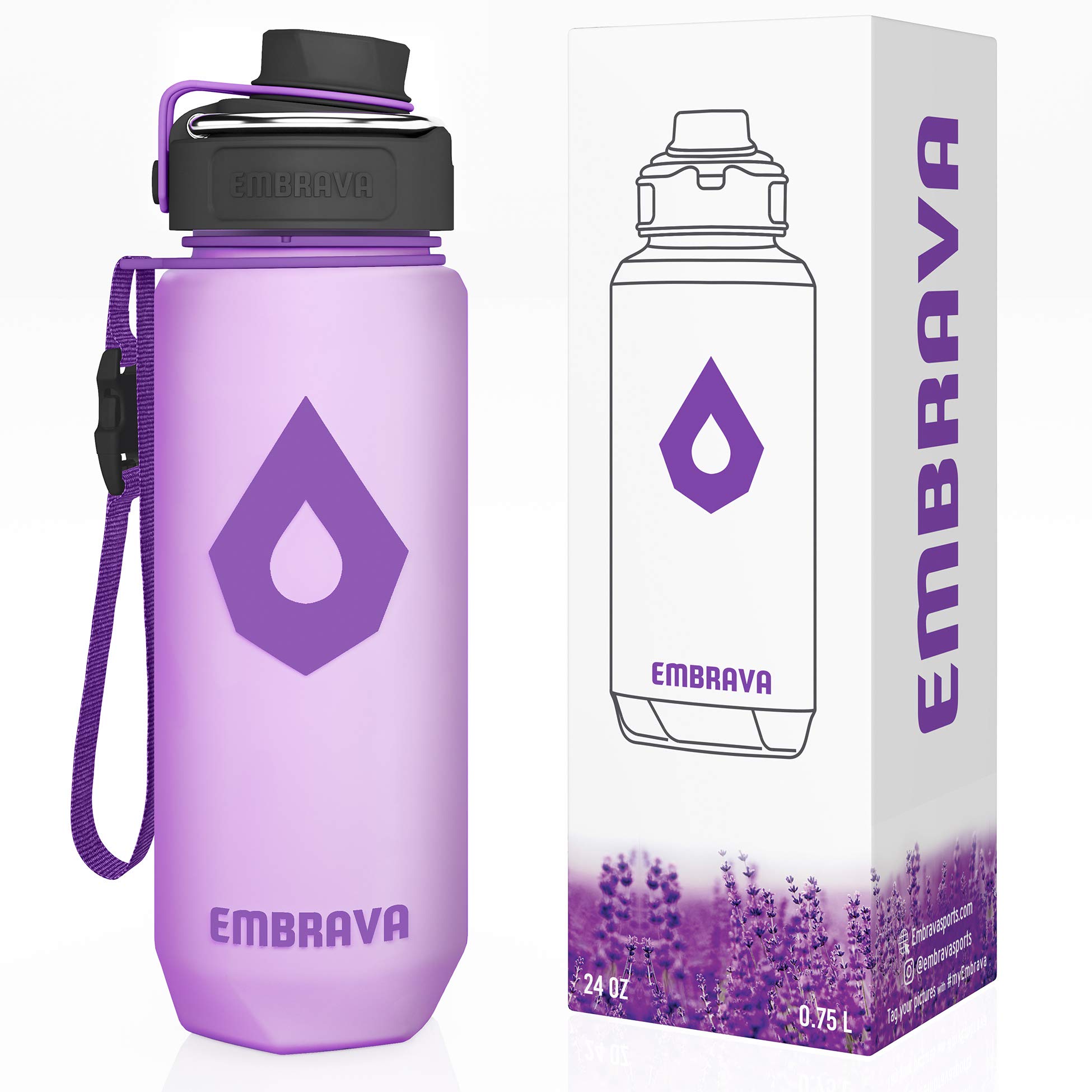 Embrava Time Marker Water Bottle - 24 Oz - with Metal Handle, Secure Leakproof Lid for Sports, Outdoors, Fitness and Travel - Fast Flow Drink Spout, Lanyard with Clip, BPA Free