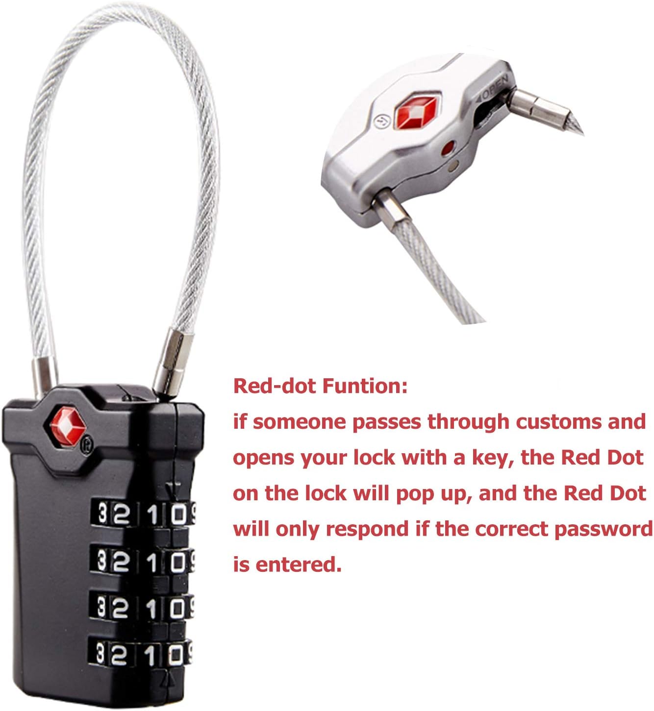 | Tzowla TSA Luggage Backpack Locks, [Upgraded Version][2 Pack] Red-Dot Function 4-Digit Security Travel Lock Combination Padlocks 14cm Flexible Cable Lock for Travel Suitcase Bag Dufflel etc.(Black) | Luggage Locks