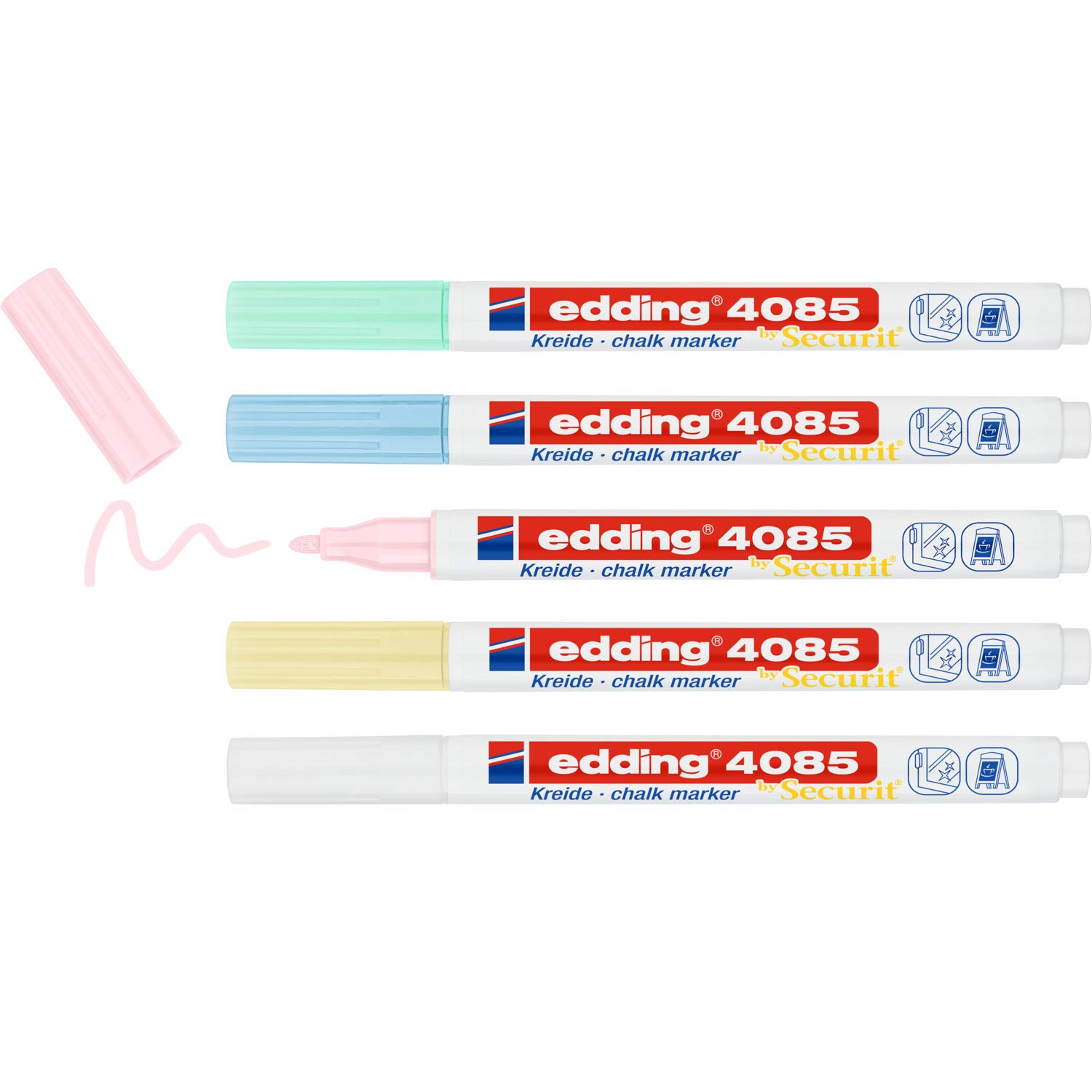 edding 4085 chalk marker - yellow, green, rose, blue, white (pastel) - 5 chalk pens - round nib 1-2 mm, wet wipe pen for chalkboards,windows,glass, mirrors-liquid chalk marker pens for opaque coverage