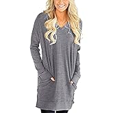 LERUCCI Womens V-Neck Casual Long Sleeve Loose Pockets Tunic Tops Blouse T-Shirt Grey Large