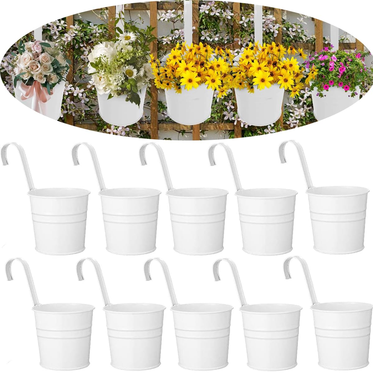 Aeetial Set of 10 Metal Hanging Flower Pots with Detachable Hook Balcony Flower Bucket Wall Planter Garden Home Ornaments Home Decor (White)