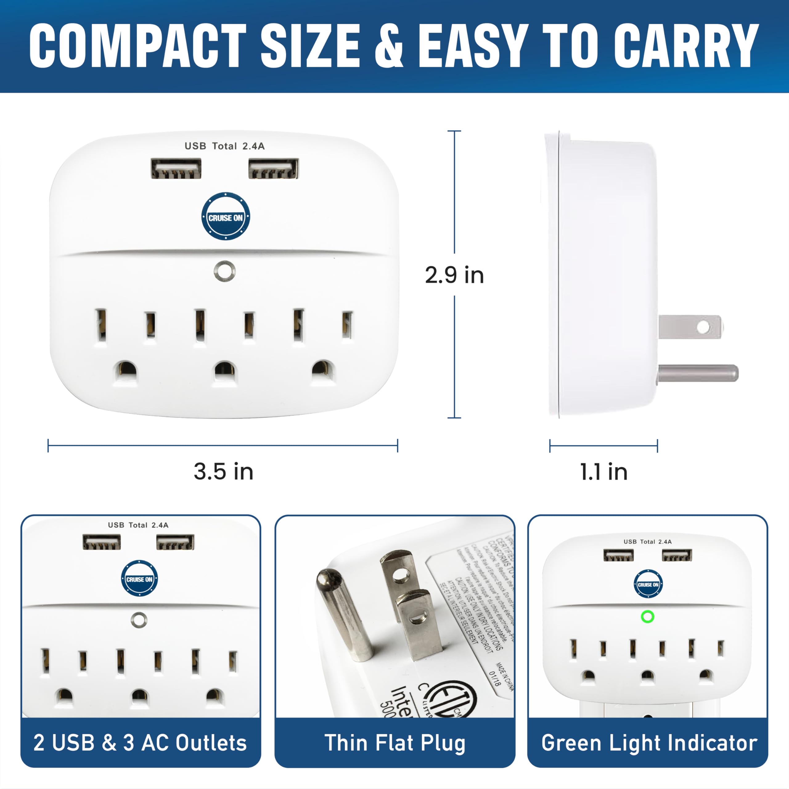 Cruise Approved Power Strip - Non Surge Protector for Cruise Ship with 2 USB Outlets - Cruise Ship Essentials 2025 for Carnival, Princess, Norwegian, Holland America, MSC & Major Cruise Lines (White)