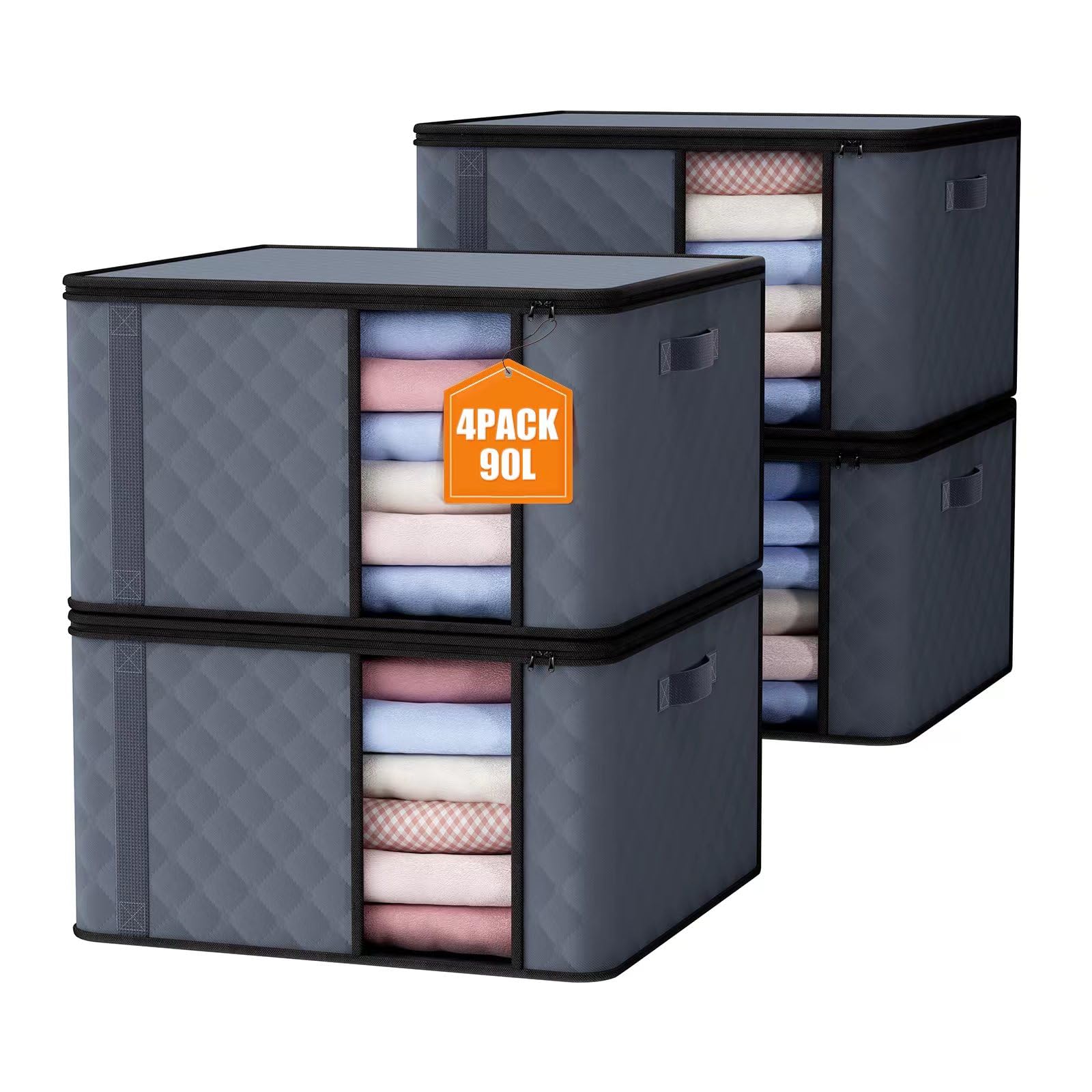 Auveir Pack of 4 90 L Storage Bags, Foldable Storage Boxes with Lid, Large Clothes Storage, Moving Boxes, Underbed, Wardrobe