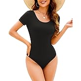 Jolefille Tummy Control Swimsuits for Women Ribbed One Piece Bathing Suit Full Coverage Retro Short Sleeve Black Swim Suit