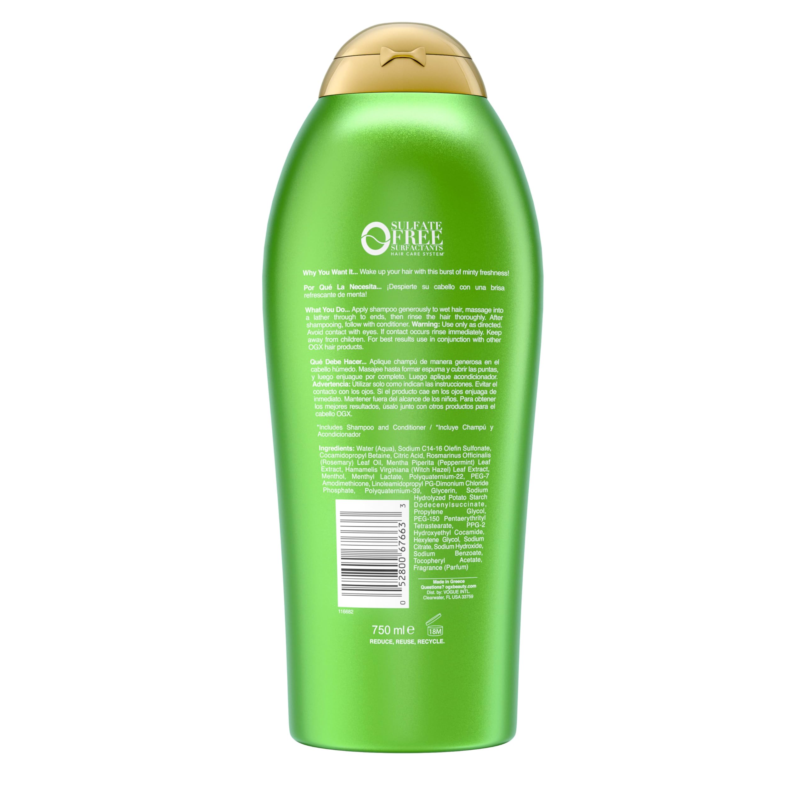OGX Extra Strength Refreshing Scalp + Rosemary Mint Shampoo, Clarifying Shampoo for Oily Hair Helps Remove Oil & Residue to Clear Away Buildup, Sulfate-Free Surfactants, 25.4 fl. oz