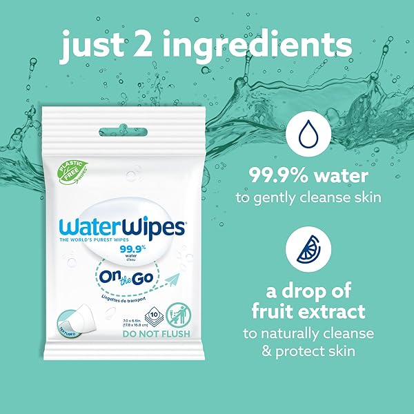 WATERWIPES SENSITIVE+ ON THE GO WIPES, 3-IN-1 CLEANS, CARES, PROTECTS, 99.9% WATER, UNSCENTED & HYPOALLERGENIC WET WIPES, 100 COUNT (10 PACKS)