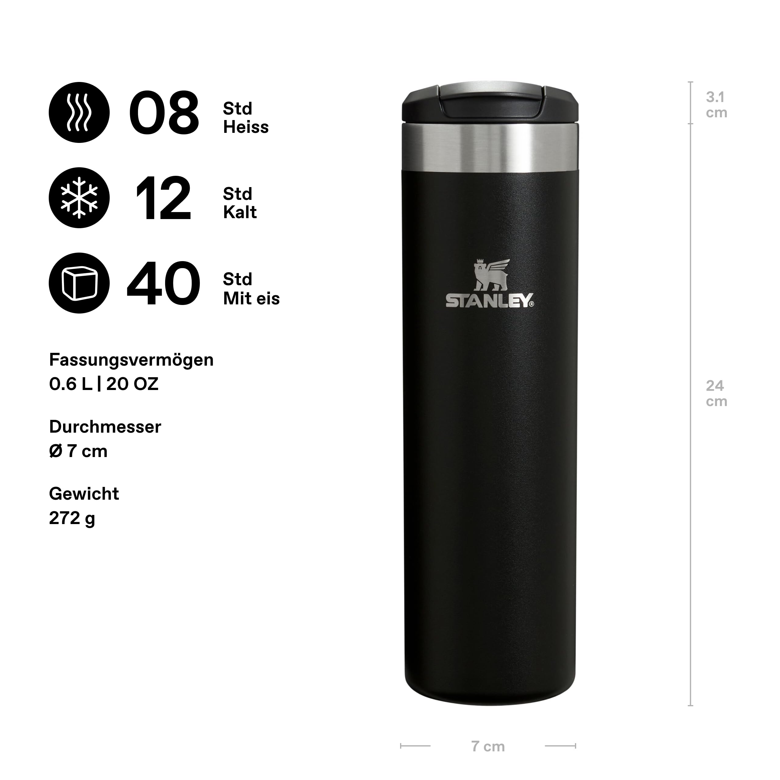 STANLEY 1913 Aerolight Transit Thermobecher 0.6L - Hält 6 Stunden Heiß - Spülmaschinenfest - Kaffeebecher To Go Auslaufsicher - Kompatibel Mit Gängigen Pkw-Getränkehalterungen - Black 2.0 2