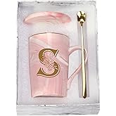 Letter S Personalized Initial Mugs with Flower, Letter S Personalized Novelty Coffee Mug, Novelty Letter Coffee Mugs for Women, Bridal Shower Gifts, Women's Initials Gifts Coffee Mug 14 Ounce Pink
