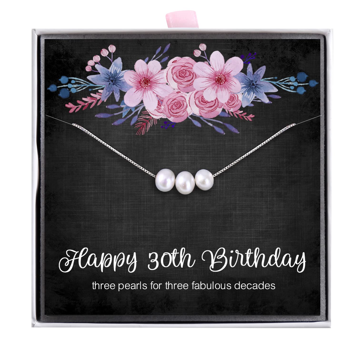 ALoveSoul 30th Birthday Gifts for Women - 3 Pearls 925 Sterling Silver Necklace for Her 3 Decade Jewelry 30 Years Old Birthday Gifts Ideas, Metal, Pearl