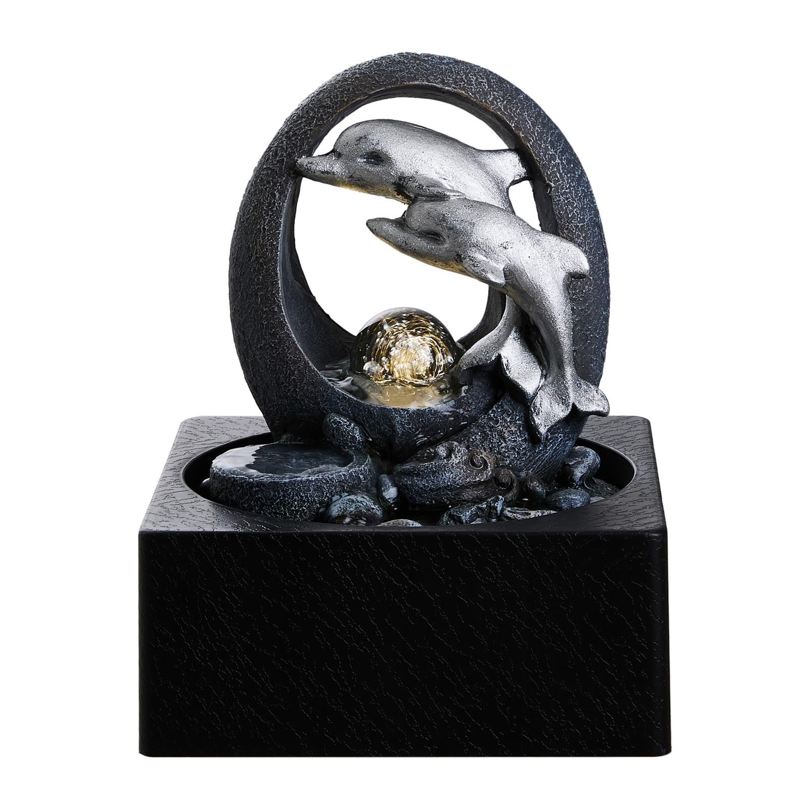 BTGGG Indoor Fountains with Rolling Ball LED Light Dolphin Indoor Waterfall 18 * 18 * 23CM Desktop Waterfall Fountain for Relaxation, 3 Pin UK Plug Included