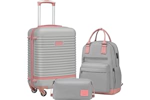 Coolife Suitcase Set 3 Piece Luggage Set Carry On Travel Luggage TSA Lock Spinner Wheels Hardshell Lightweight Luggage Set(Gray+Pink, 3 piece set (BP/TB/20))