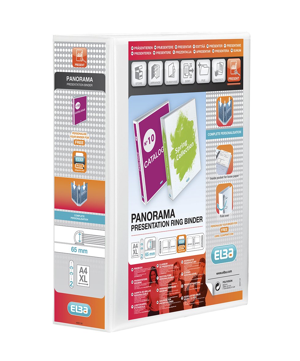 Elba A4 2 D-Ring Binder, 65mm capacity, 90mm spine, Presentation Folder with Customisable Cover, Portrait, White (Single)