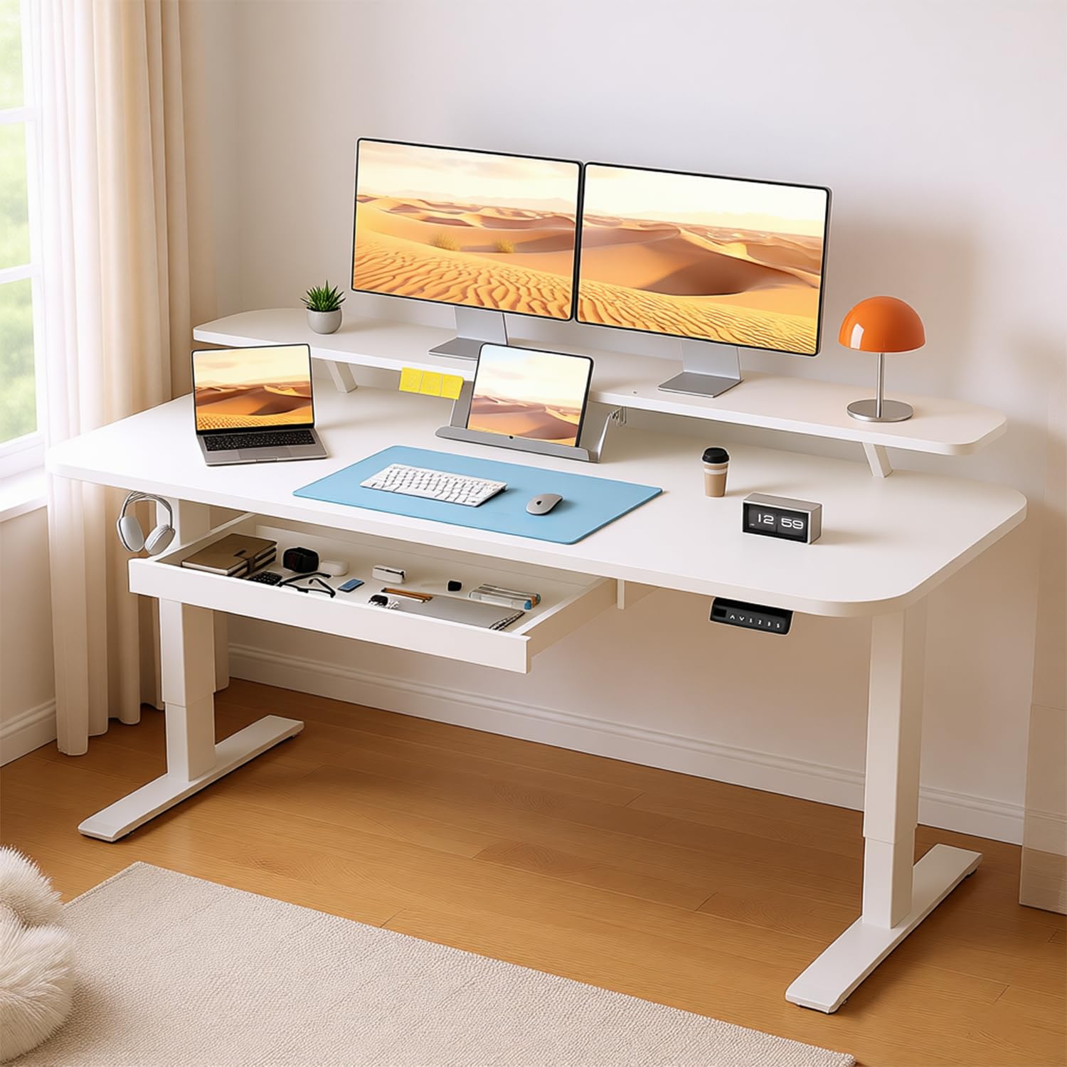 Photo 1 of * VERY USED* ** COMHOMA Electric Standing Desk with Drawers, 55 x 24 Inch Sit Stand up Desk with Monitor Stand, Laptop Stand, Height Adjustable Ergonomic Home Office Computer Desks with Memory Preset Controller