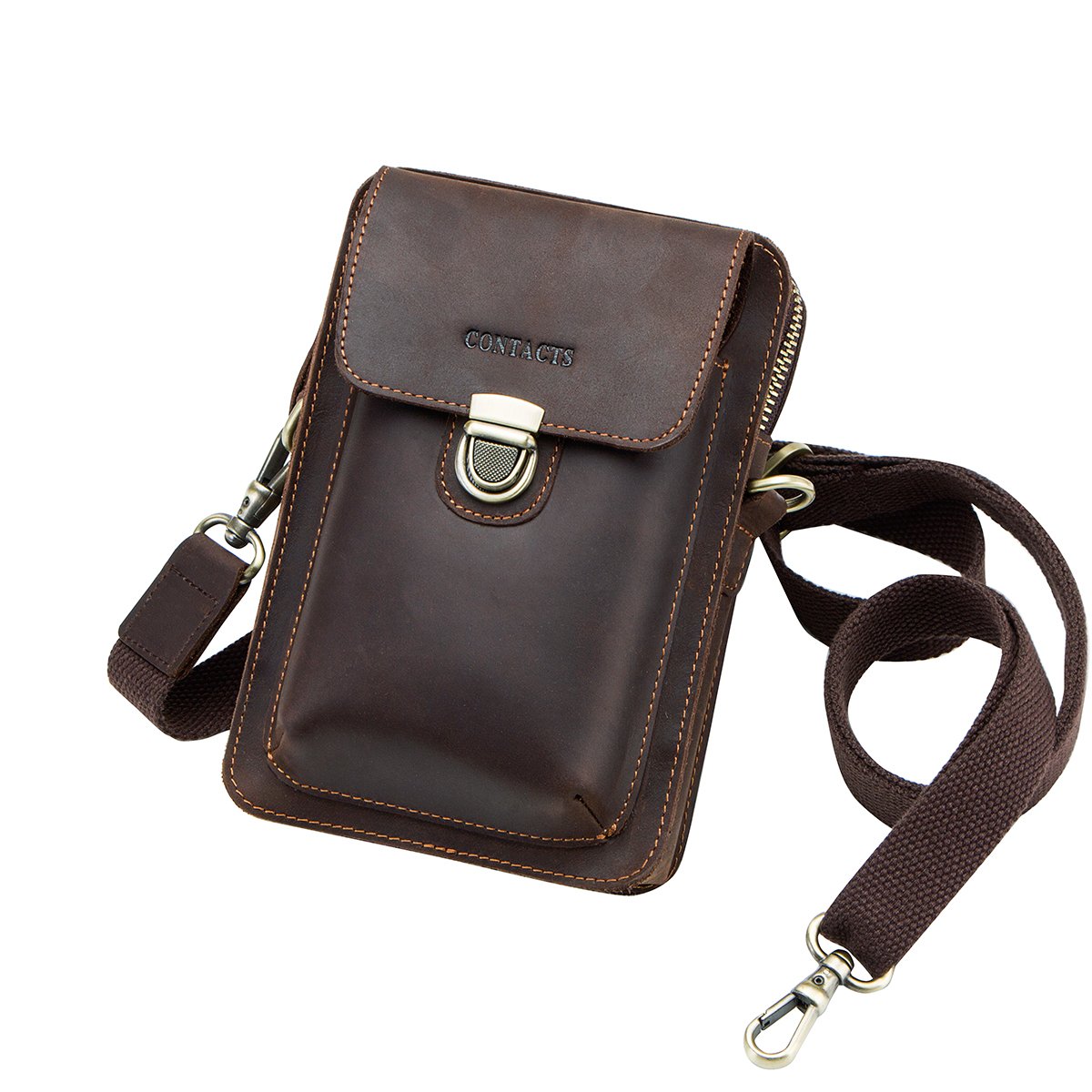 Contacts Real Leather Man Small Messenger Belt Bag Waist Pouch Purse for Mobile Phone Dark Coffee