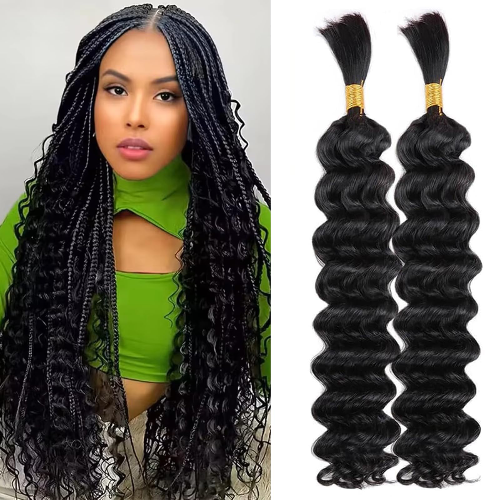 Double Drawn Human Hair Extensions For Braiding Human Hair Braiding Hair For Micro Braids 20 Inch Human Hair Bulks For Braiding No Weft Same Thick From Root To Ends Braids Deep Wave 1b 100g（50g x 2） — image 1