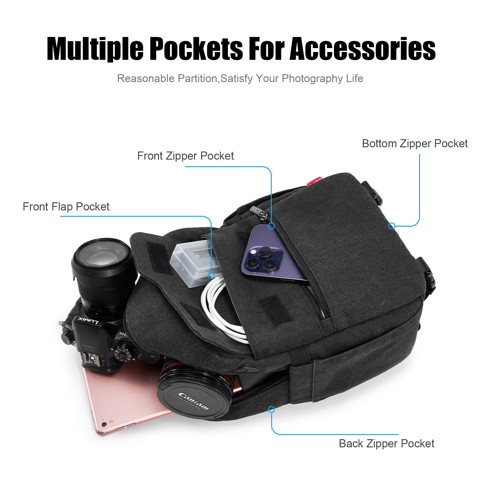 Cwatcun Camera Sling Bag Crossbody Small Camera Case, Lightweight DSLR/SLR/Mirrorless Photography Bag with Tripod Holder and Rain Cover for Canon, Nikon, Sony, Fuji Cameras, Lens Accessories