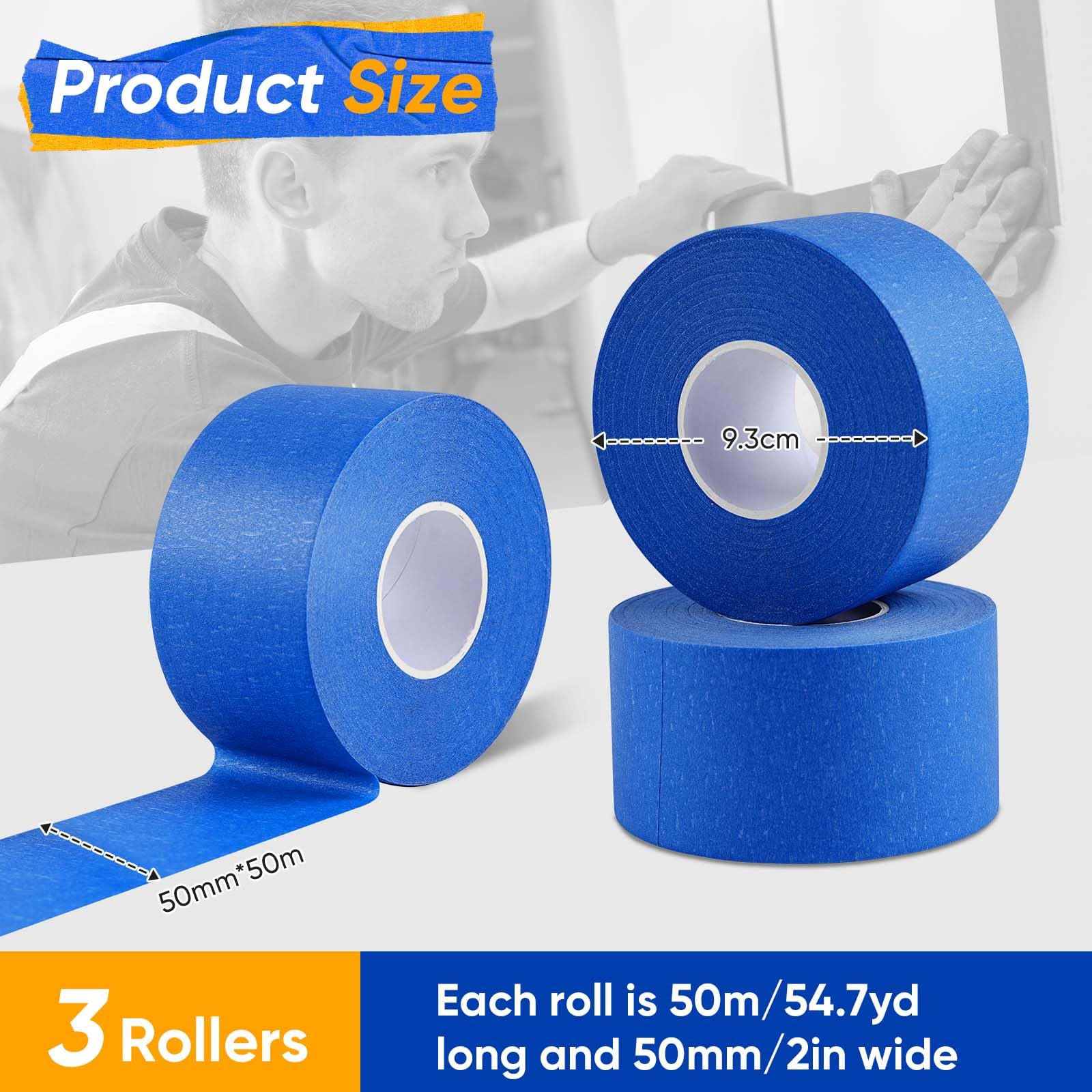 Gicare 3 Rolle Malerkrepp Masking Tape 50mm x 50m Abklebeband Maler für Malerarbeiten, Kreppband Malerband Standard Papierklebeband UV Maler Klebeband für Farbtrennung Renovierungen(Blau) 3