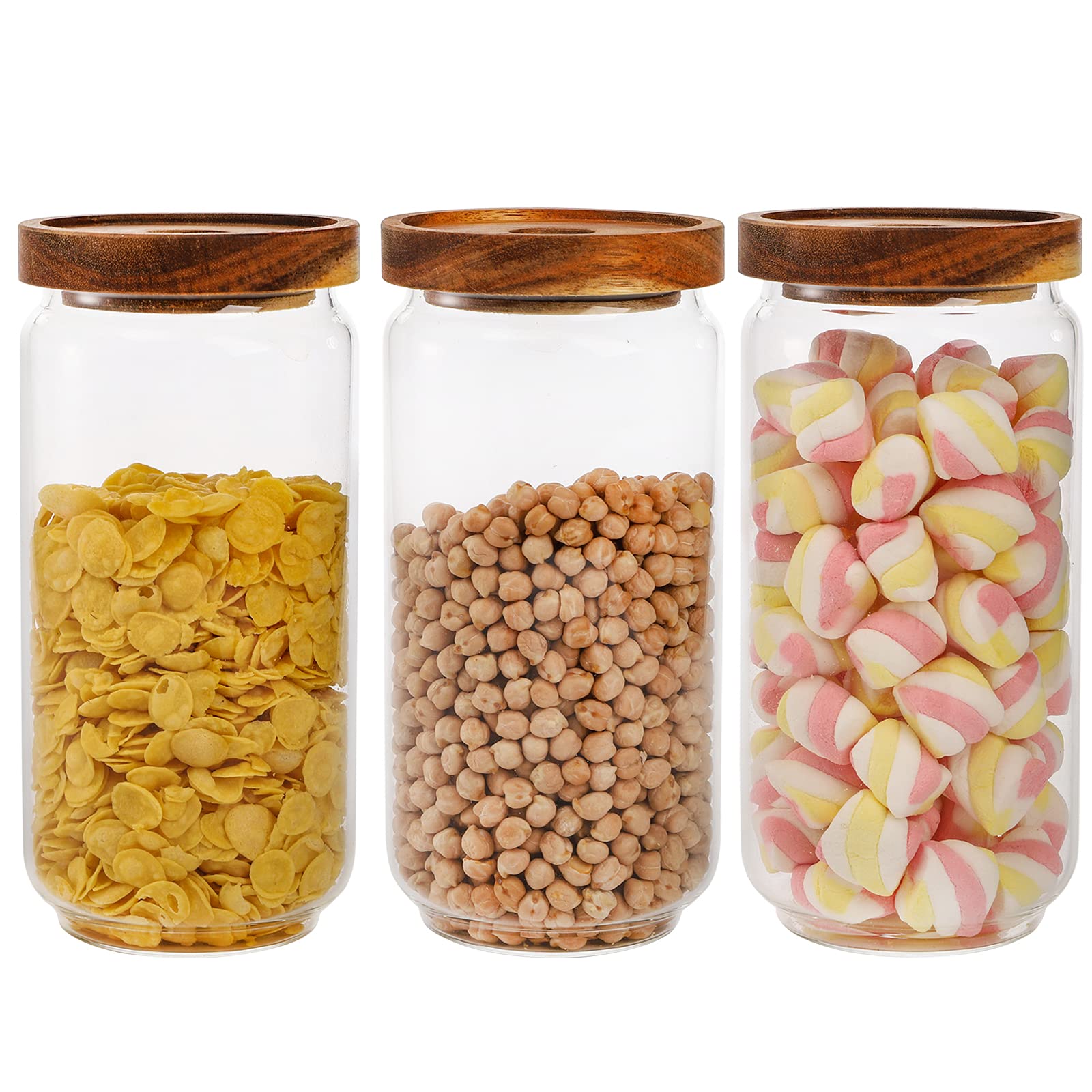 Photo 1 of ***MISSING LIDS*** Bekith 3 Pack Glass Storage Containers with 2 MISSING Airtight Seal Acacia Wood Lids, 31.6 FL OZ (950ml) Clear Glass Food Storage Jars for Kitchen, Glass Pantry Canister for Spaghetti Pasta, Coffee, Beans