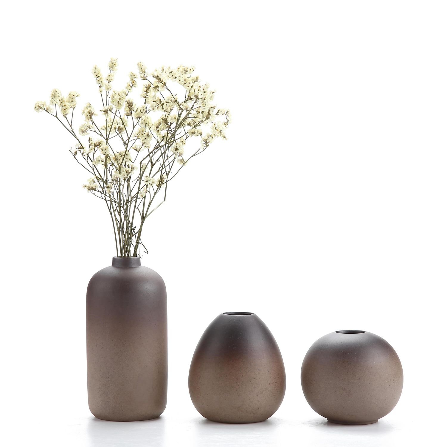 ComSaf Vase de Fleur Brun Céramique Joli Lot de 3, Vase Ornement Décoratif Bien pour Supporter Les Plantes Décoration de Maison Bureau Chambre Idéal Cadeau et Collection