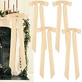 4Pcs Cream Velvet Christmas Bows, 23.6 x 8.6 Inches Extra Large Velvet Ribbon Bows with Long Tail, Rustic Bows for Christmas Tree,Garland,Staircase,Fireplace, Xmas Indoor Outdoor Decor