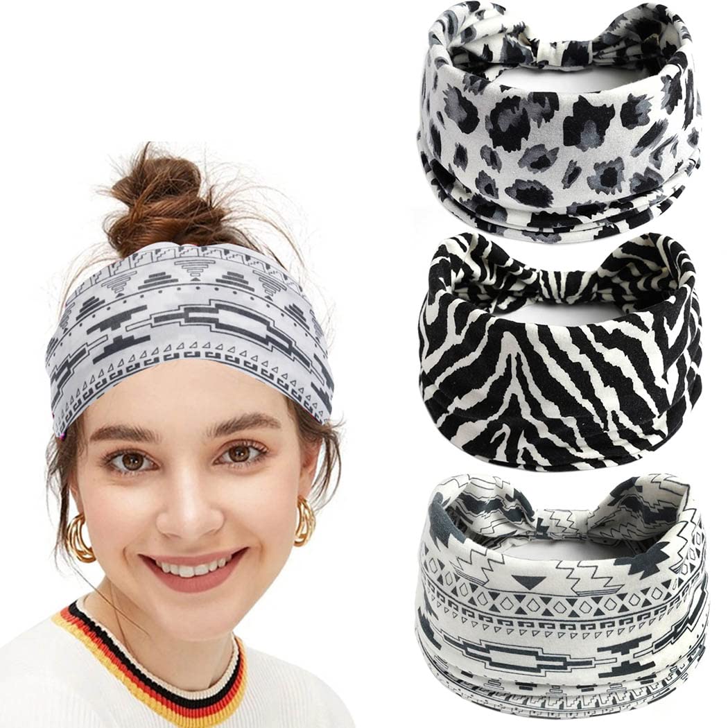 Generse Wide Headband Black Head Scarfs Elastic Knot Yoga Hair Bands for Women and Girls (Pack of 3)(C)