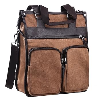 ImIflow Mens Vertical Briefcase Canvas Leather Laptop Shoulder Messenger Tote Bag Handbag for Women 009 Coffee
